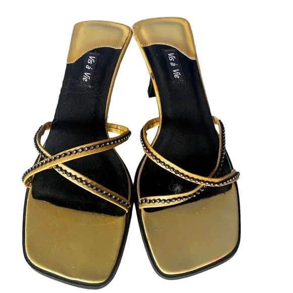 y2K Square Toe Slip On Block Heel Sandals Womens 8.5 Rhinestones 90s - Picture 8 of 8